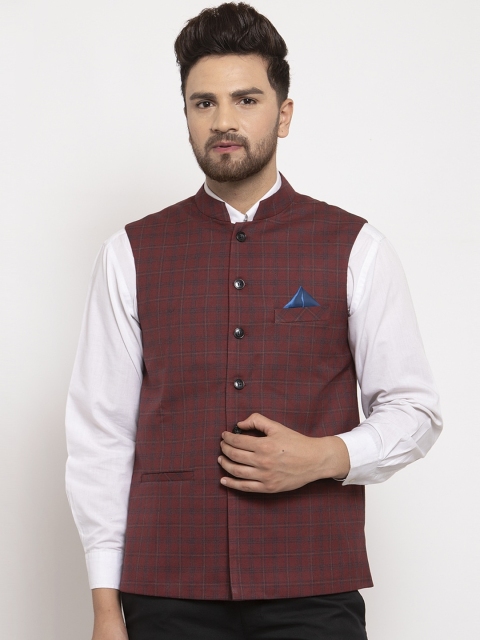 

NEUDIS Men Maroon & Blue Checked Woven Nehru Jacket