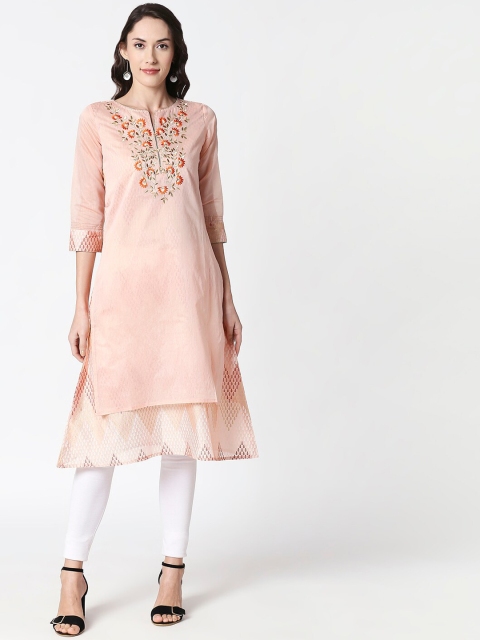 

HUUR Women Peach-Coloured Embroidered Silk A-Line Kurta