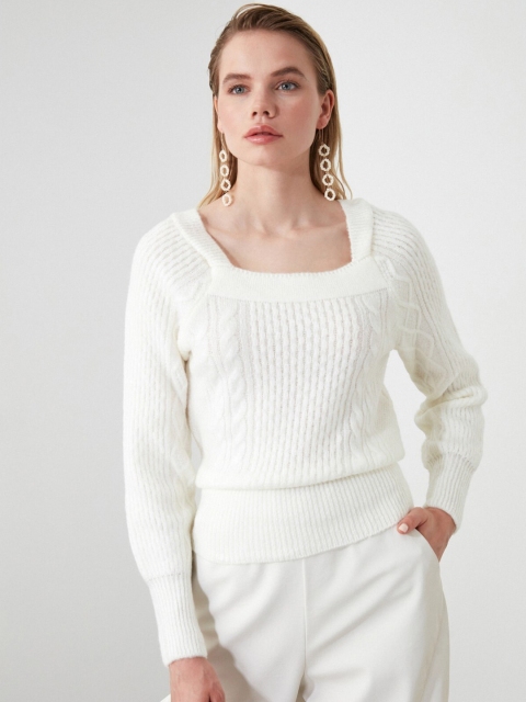 

TRENDYOL COLLECTION Women Off-White Self Design Pullover Sweater