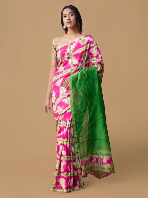 Unnati Silks Pink & White Silk Cotton Printed Chanderi Saree
