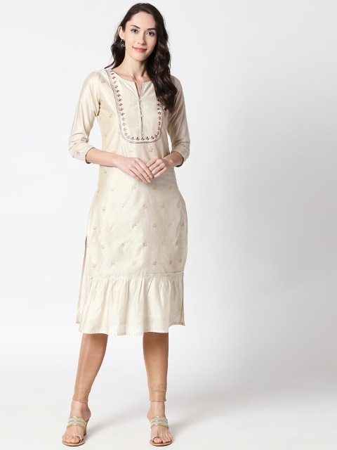 

HUUR Women Beige Woven Design Straight Kurta