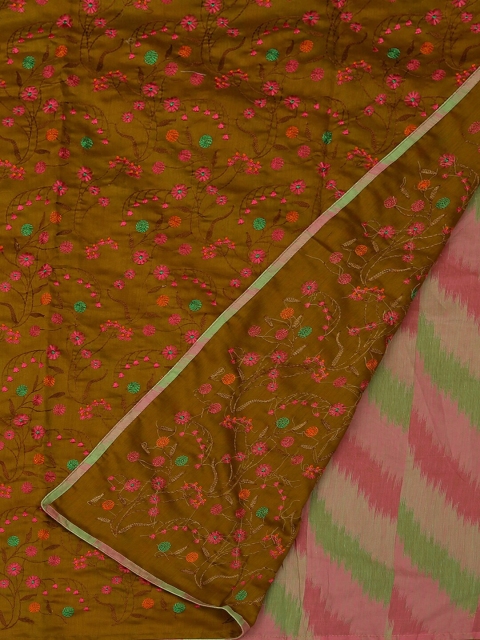 

Pothys Mustard & Green Cotton Blend Embroidered Saree
