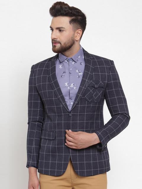 

MAXENCE Men Charcoal Grey Checked Slim-Fit Single-Breasted Formal Blazer