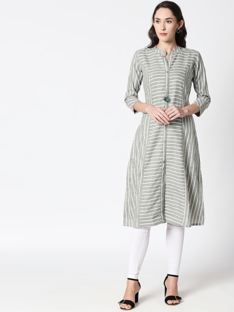 HUUR Women Olive Green & White Striped A-Line Kurta