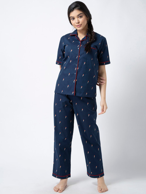 

ADORENITE Women Navy Blue Printed Night Suit