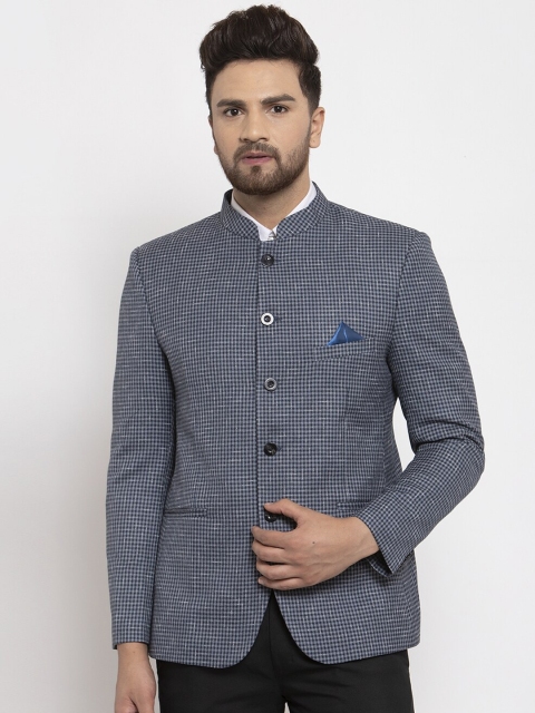 

NEUDIS Men Navy Blue & Grey Checked Single Breasted Bandhgala Blazer