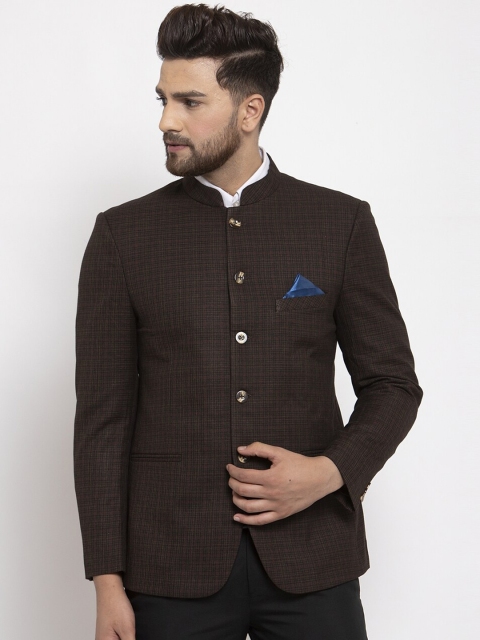 

NEUDIS Men Brown & Black Checked Regular-Fit Single Breasted Bandhgala Blazer