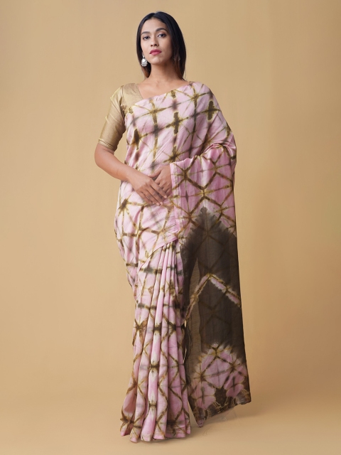 

Unnati Silks Pink & Olive Green Silk Cotton Printed Chanderi Saree