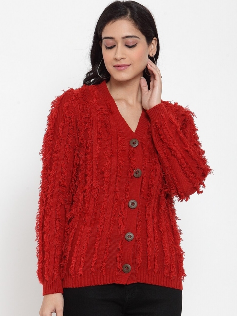 Kalt Women Red Self Design Cardigan Sweater