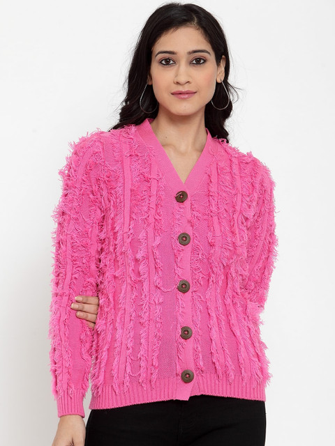 

Kalt Women Pink Self Design Cardigan Sweater