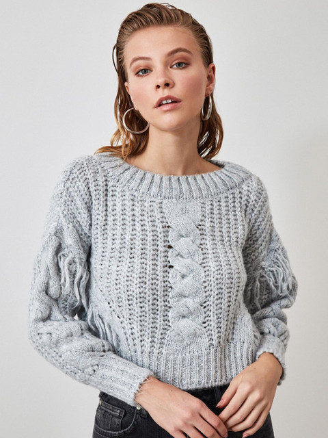 

TRENDYOL COLLECTION Women Grey Self Design Cardigan Sweater