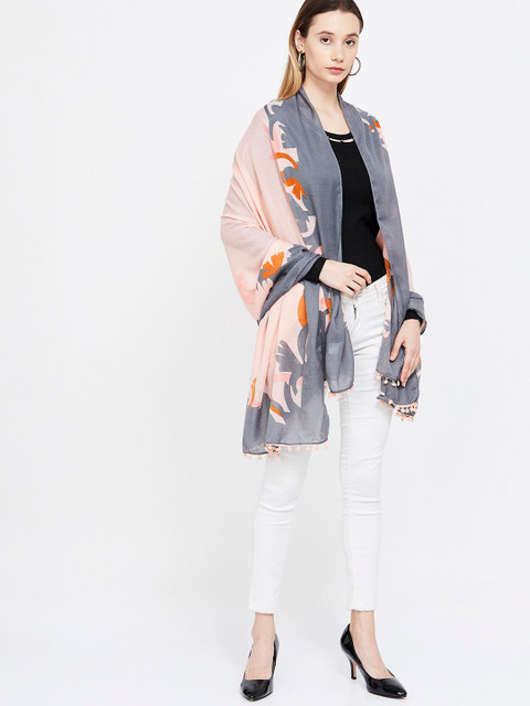 

Ginger by Lifestyle Women Peach-Coloured & Grey Printed Stole