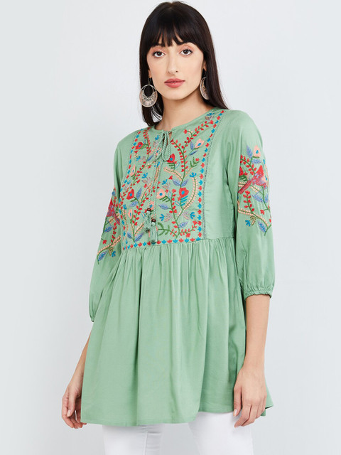 

max Women's Green & Red Embroidered Tunic