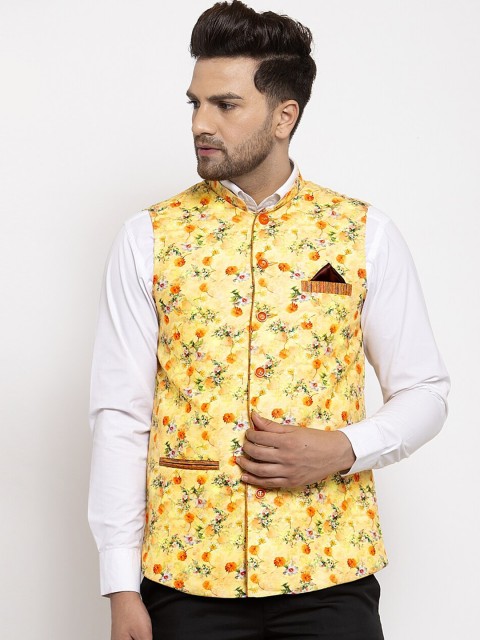 

KLOTTHE Men Yellow & Orange Printed Nehru Jacket
