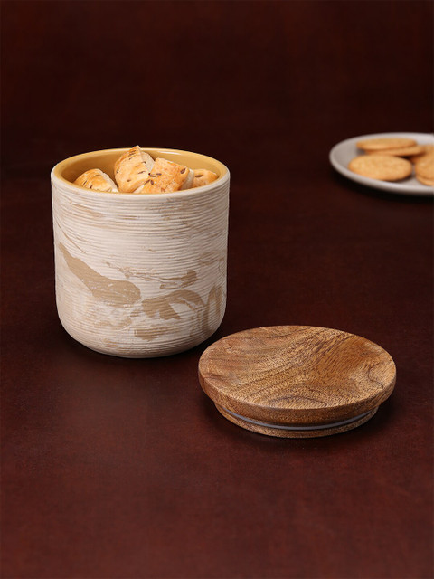 

ellementry Beige & Brown Dishwasher Safe Amber Love Ceramic Jar with Wooden Lid