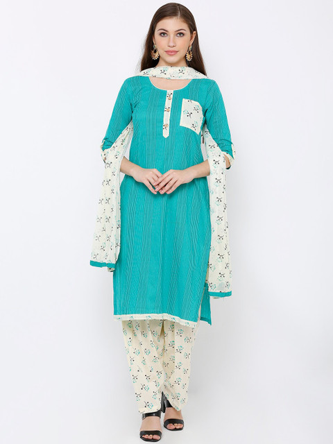 

SALWAR STUDIO Green & Off-White Pure Cotton Unstitched Dress Material
