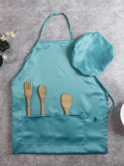 

HOUZZCODE Unisex Turquoise Blue Printed Kitchen Apron With Cap