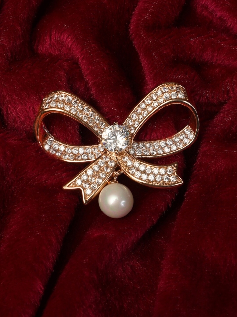 

Adwitiya Collection Rose Gold-Toned Crystal and Pearl Studded Bow Shaped Brooch