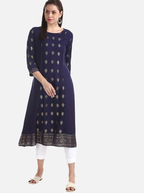 

Karigari Women Navy Blue Printed A-Line Kurta