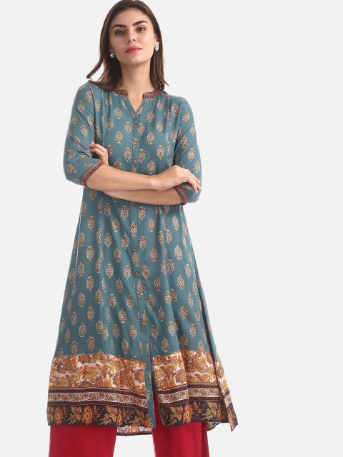 

Karigari Women Teal Blue & Brown Printed Anarkali Kurta