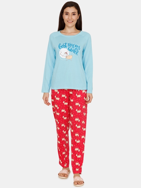 

Zivame Women Blue & Red Printed Night Suit