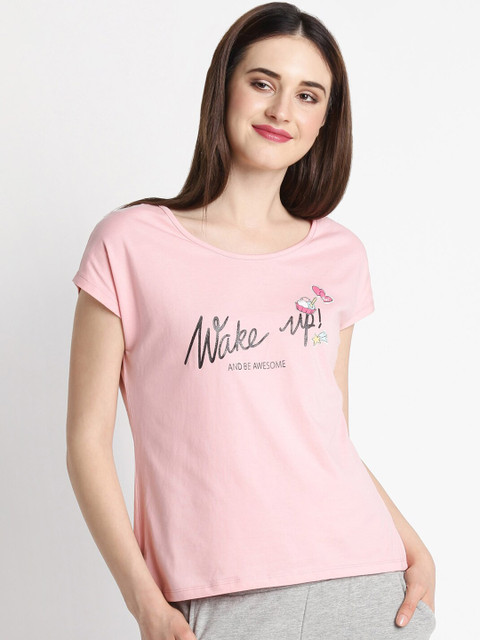 

Dreamz by Pantaloons Women Peach-Coloured Printed Round Neck T-shirt