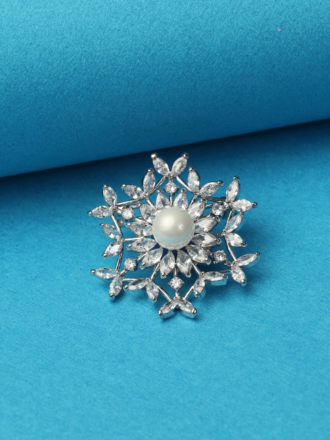

Adwitiya Collection Silver-Toned Stone-Studded Flower-Shaped Brooch