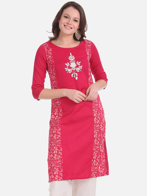 

Karigari Women Pink & Beige Embroidered Straight Kurta