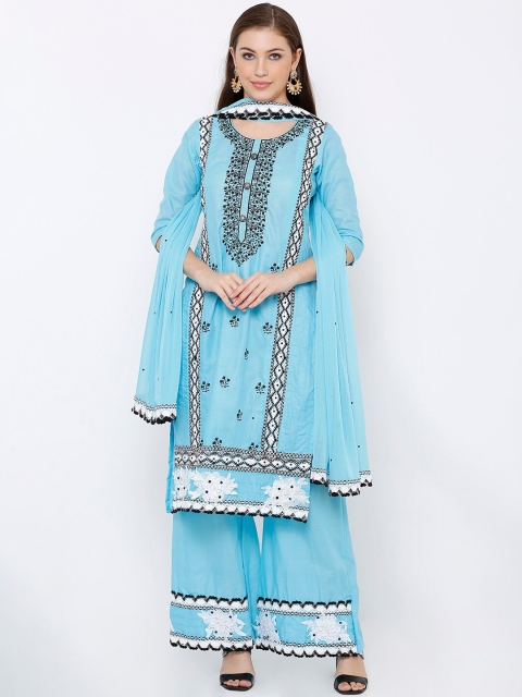 

SALWAR STUDIO Turquoise Blue & Black Pure Cotton Unstitched Dress Material