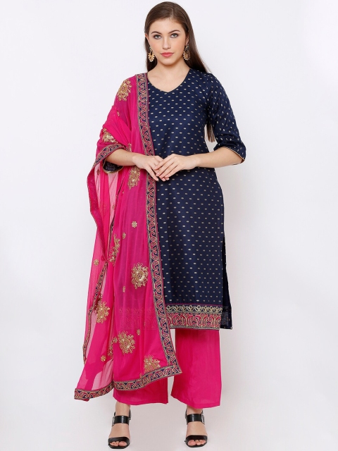 

SALWAR STUDIO Navy Blue & Pink Pure Cotton Unstitched Dress Material