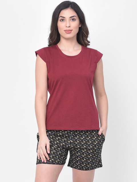 

Clovia Women Maroon & Black Solid Night Suit