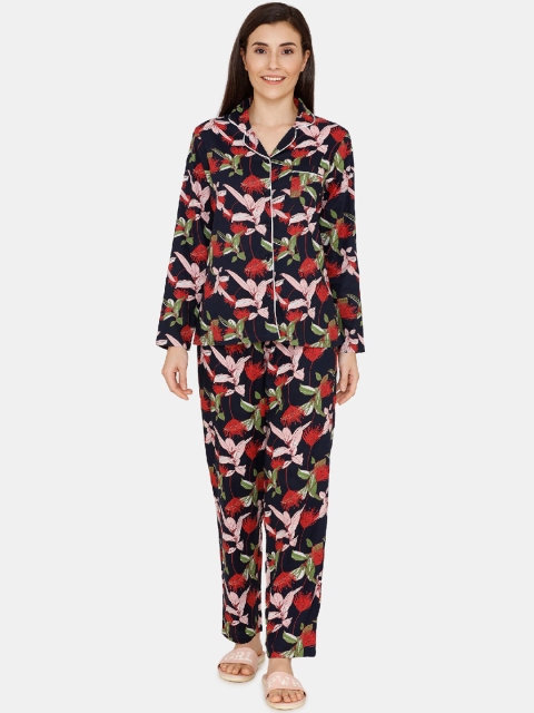 

Zivame Women Navy Blue & Red Floral Printed Nightsuit