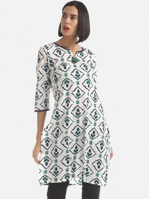 

Karigari Women White & Blue Printed A-Line Kurta