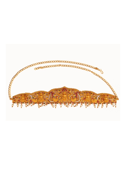 

Alankruthi Gold-Plated Pink & Green Stone-Studded Goddess Laxmi Temple Sustainable Kamarbandh