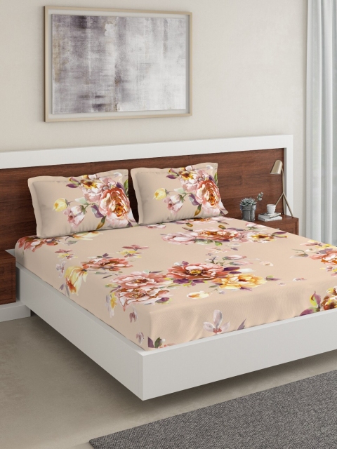 

DDecor Peach & Orange Floral 144 TC Cotton 1 King Bedsheet with 2 Pillow Covers