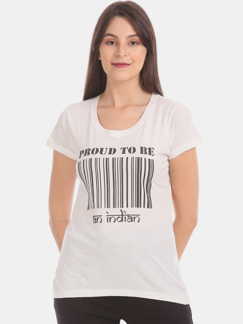 

Sugr Women White Printed Round Neck T-shirt