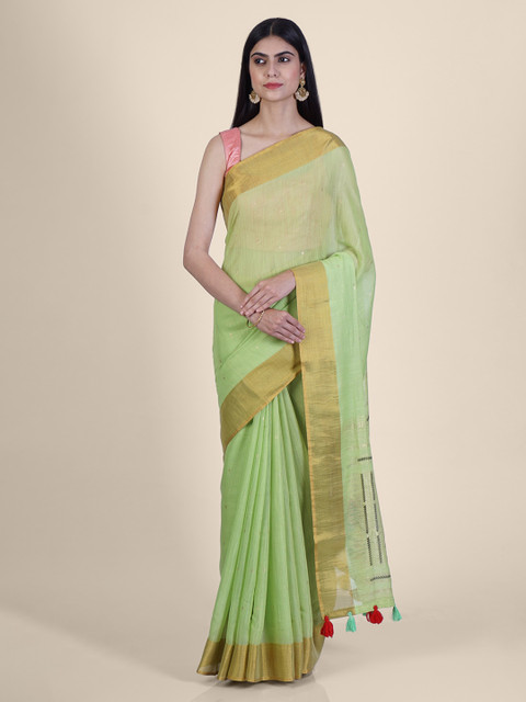 

Hastakala Lime Green & Gold-Toned Poly Georgette Woven Design Saree