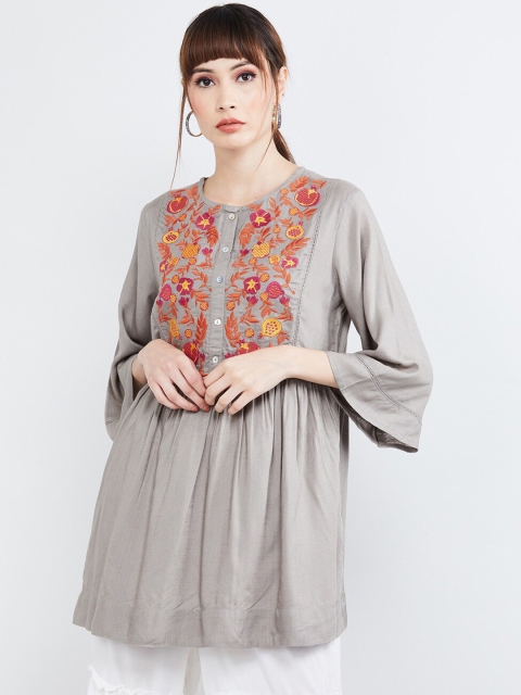 

max Women Grey & Orange Embroidered Tunic