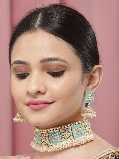 

Melani Borsa Gold-Plated & Turquoise Blue Kundan Studded Handcrafted Jewellery Set