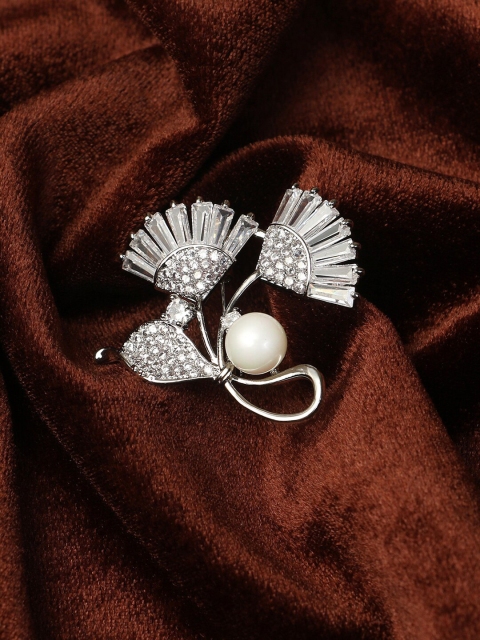 

Adwitiya Collection Silver-Toned Stone Studded Flower-Shaped Brooch