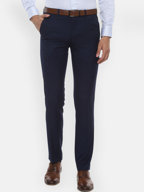 

Van Heusen Men Navy Blue Slim Fit Checked Formal Trousers