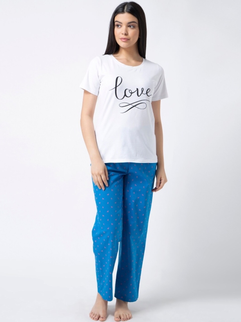 

ADORENITE Women White & Blue Printed Night Suit PJ244