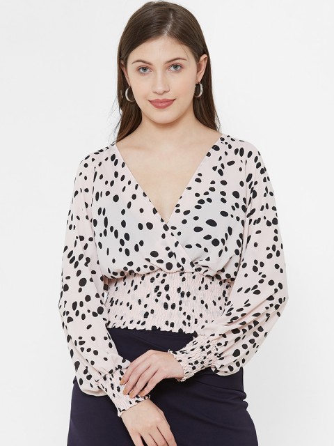 

bebe Women Pink & Black Polka Dot Printed Wrap Top