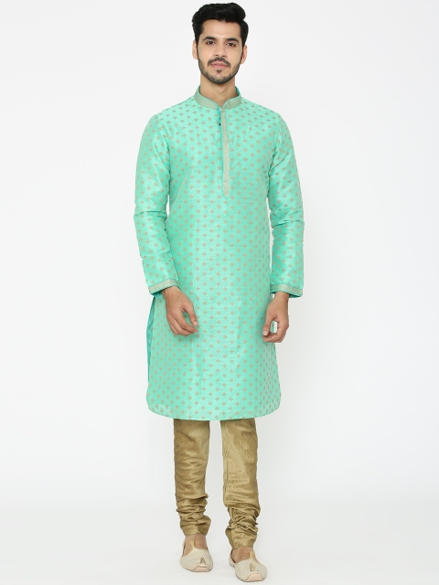 

Manyavar Men Sea Green & Beige Embroidered Kurta with Churidar