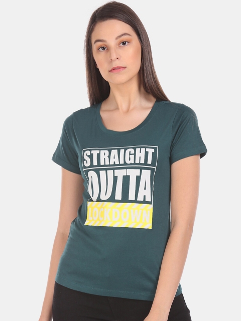 

Cherokee Women Teal Green & White Printed Round Neck T-shirt