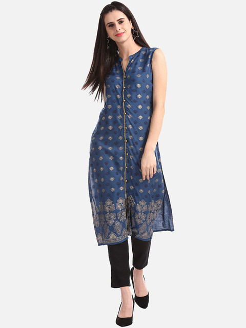 

Karigari Women Blue & Gold-Toned Printed A-Line Kurta