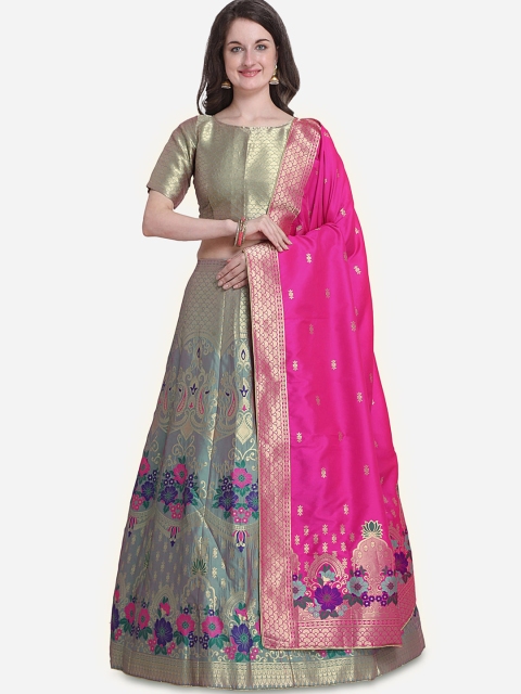 

Stylee LIFESTYLE Grey & Pink Woven Design Unstitched Lehenga & Blouse with Dupatta
