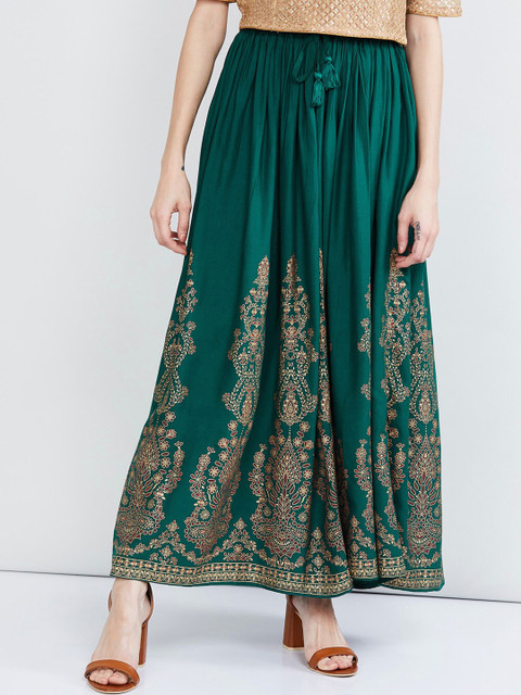 

max Women Green Printed Flared Maxi Skirt