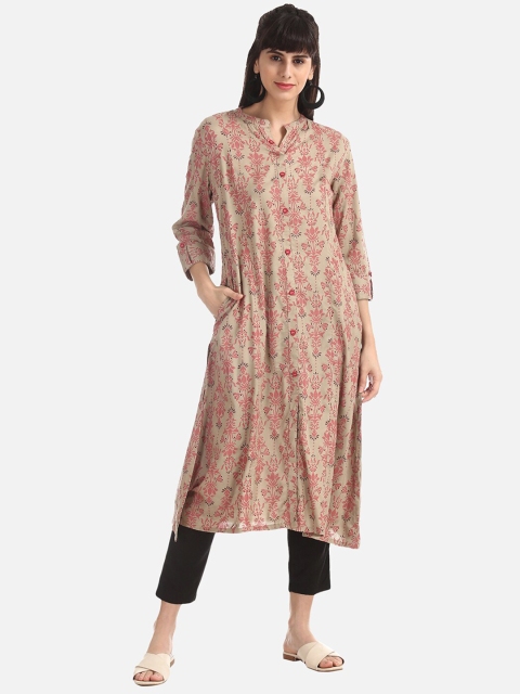 

Karigari Women Beige & Pink Printed A-Line Kurta