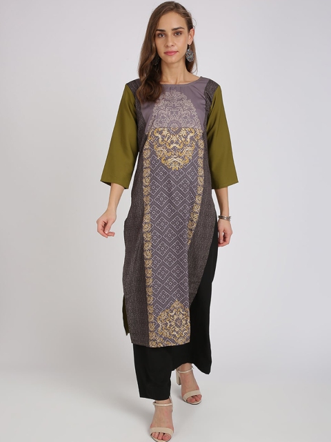 

Florence Women Green & Olive Green Printed Straight Kurta